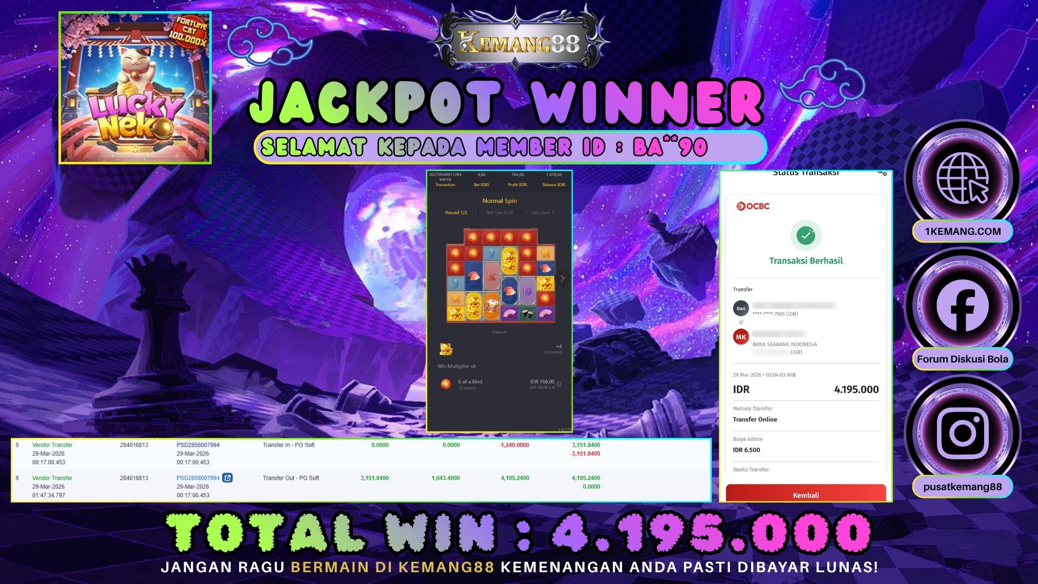 KEMANG88 [29 Maret 2026] : JACKPOT SLOT : LUCKY NEKO [PG] Rp. 4.195.000.,- LUNAS